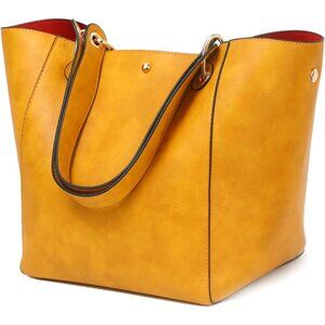 ⚡ Women's Yellow Large Leather Big Bucket Crossbody Travel Tote Bag